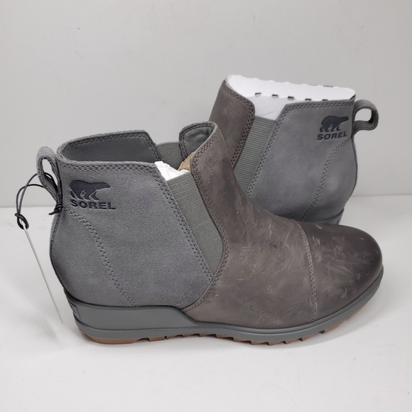New SOREL Evie Wedge Gray Leather Ankle Boots - Picture 2 of 8